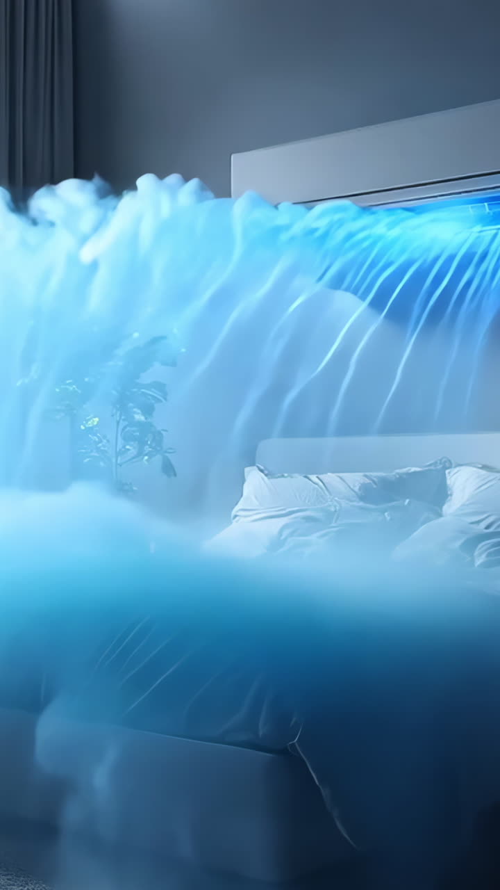 A bedroom with a large bed and a window. The window has a curtain that is open, and the room is illuminated by a light. The bed is covered with a white comforter and a blue blanket