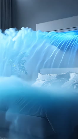 a bedroom with a large bed and a window. the window has a curtain that is open, and the room is illuminated by a light. the bed is covered with a white comforter and a blue blanket