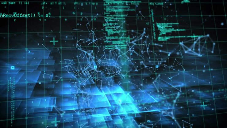Animation of data processing and network of connections over grid
