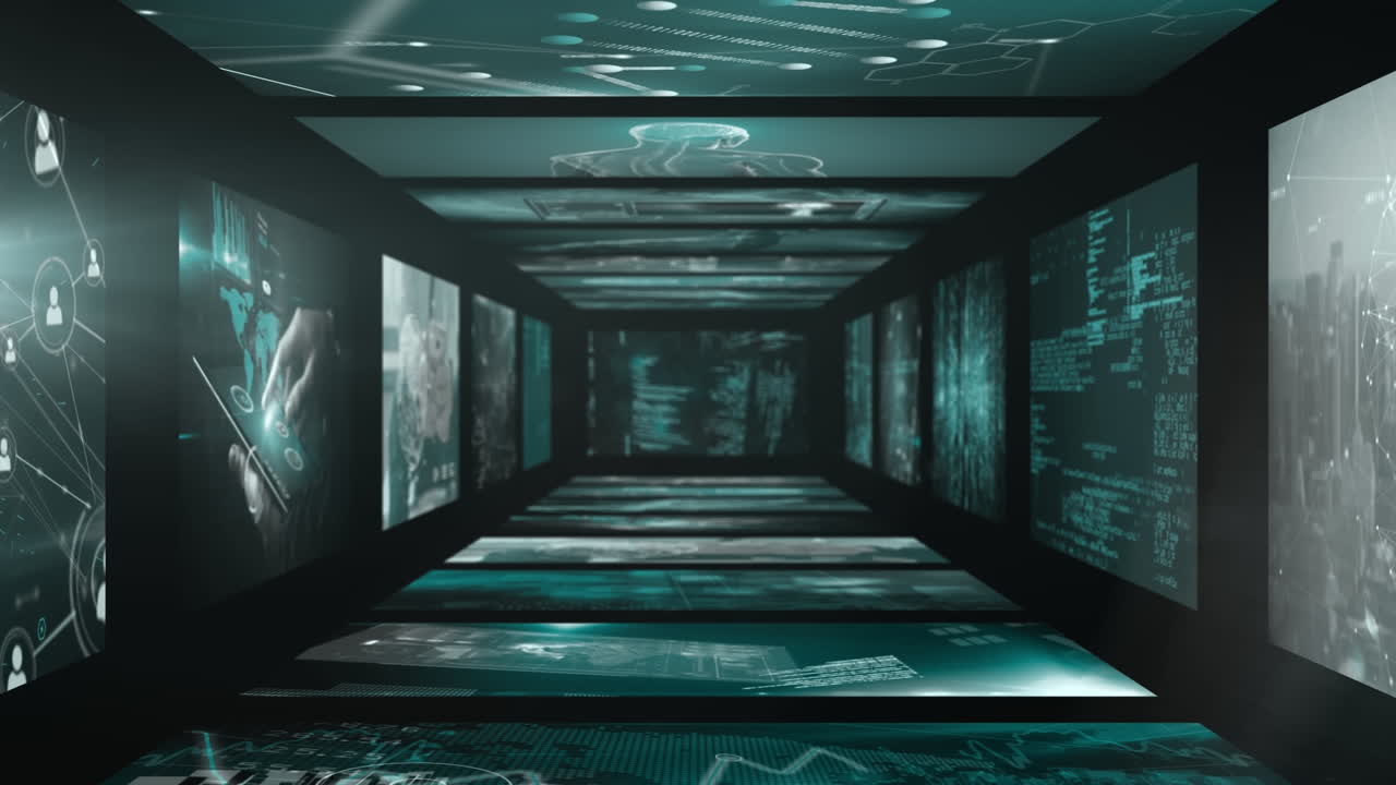 디지털 데이터 처리 및 세계 지도와 함께 네트워크 연결을 가진 화면의 애니메이션