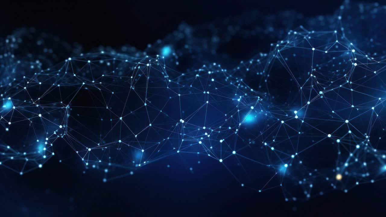 Dynamic video of a digital network with a low-angle view, showcasing interconnected nodes and lines