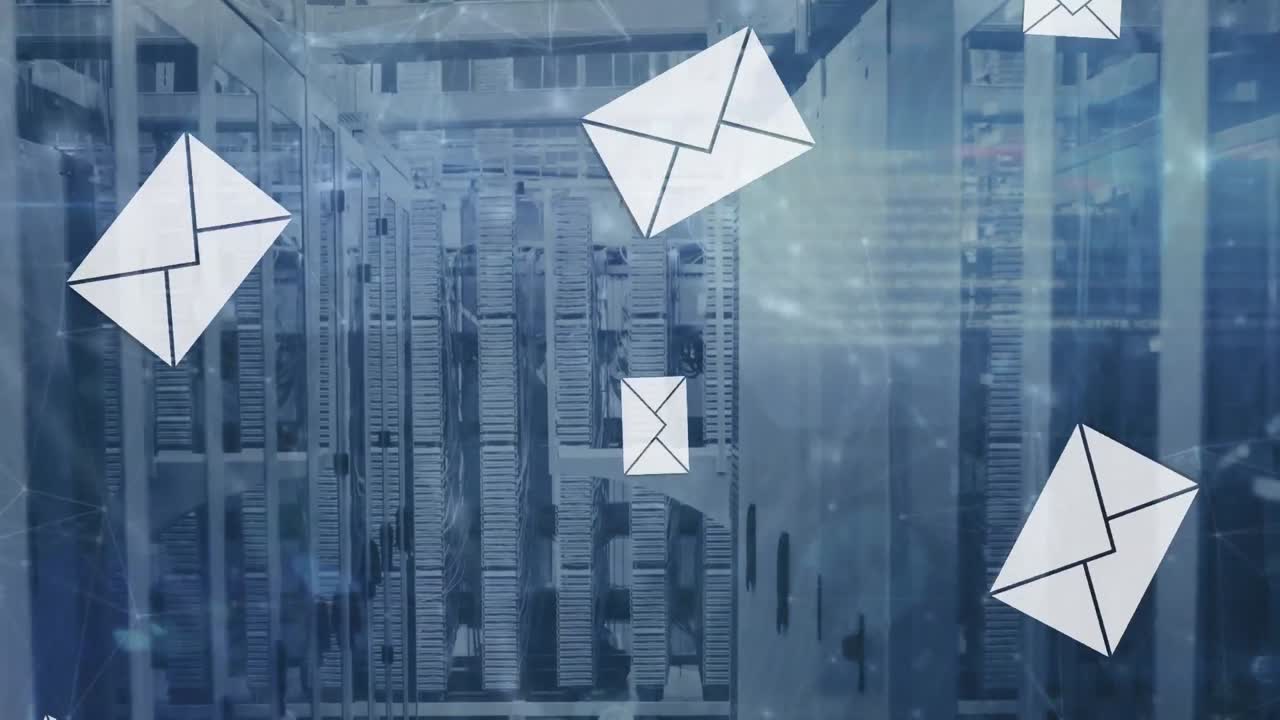 Animation of network of connections, data processing and message icons falling against server room