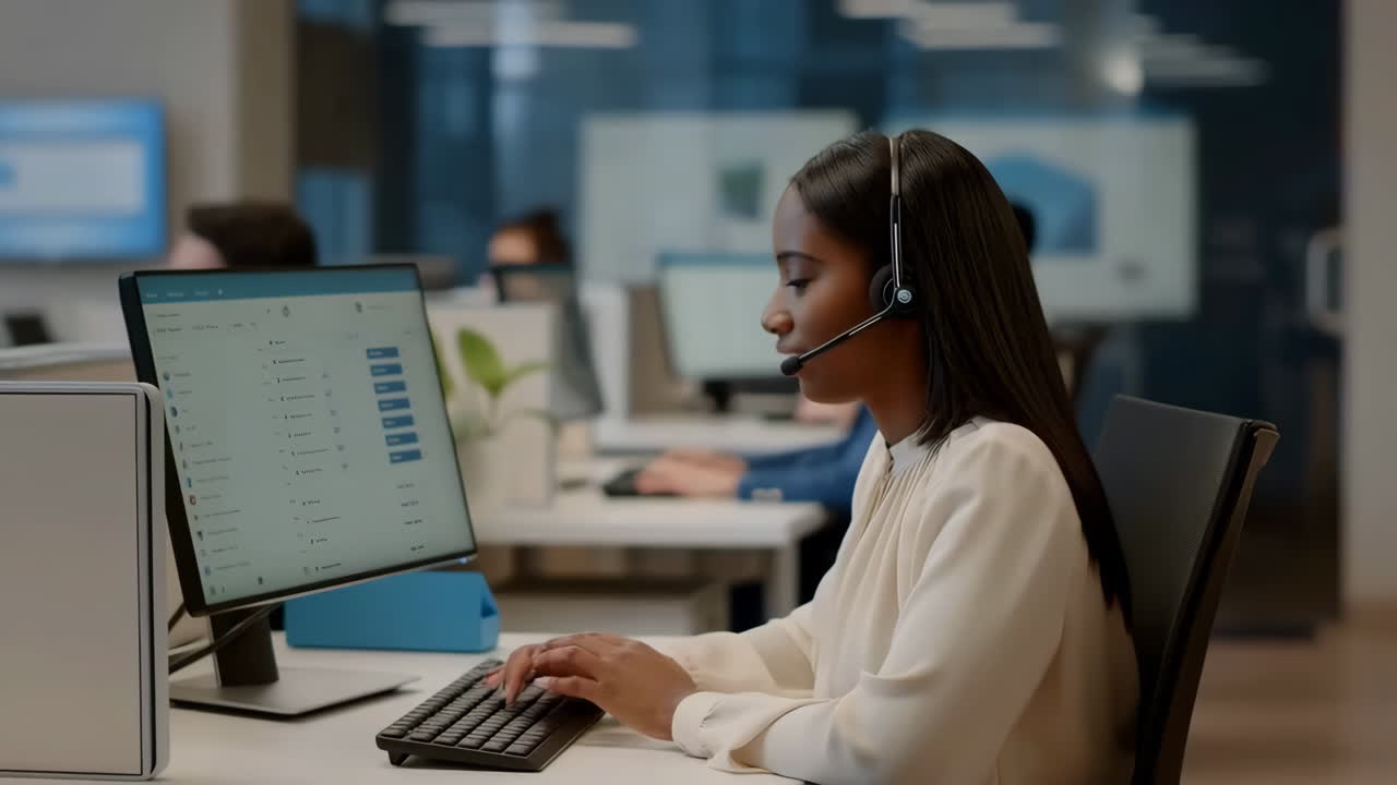 Customer Service Representative Working at a Computer with Headset