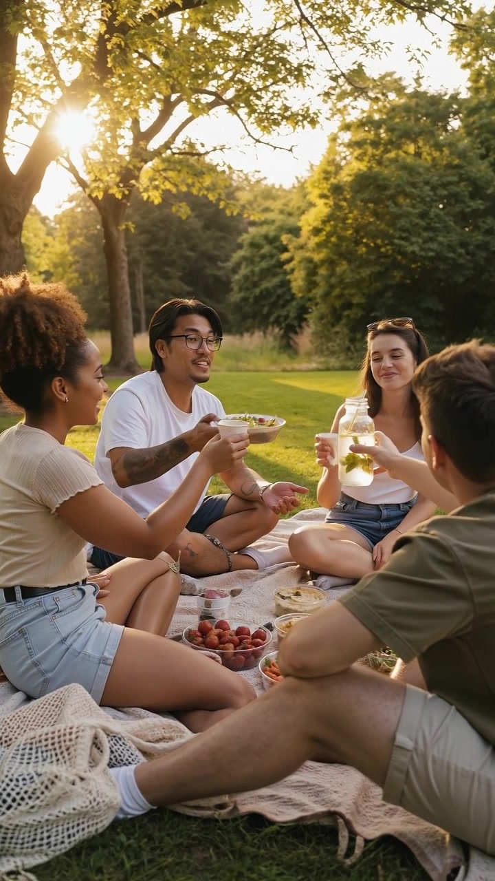 Gruppo di amici che si godono un picnic e del cibo su una coperta in un parco soleggiato al tramonto.