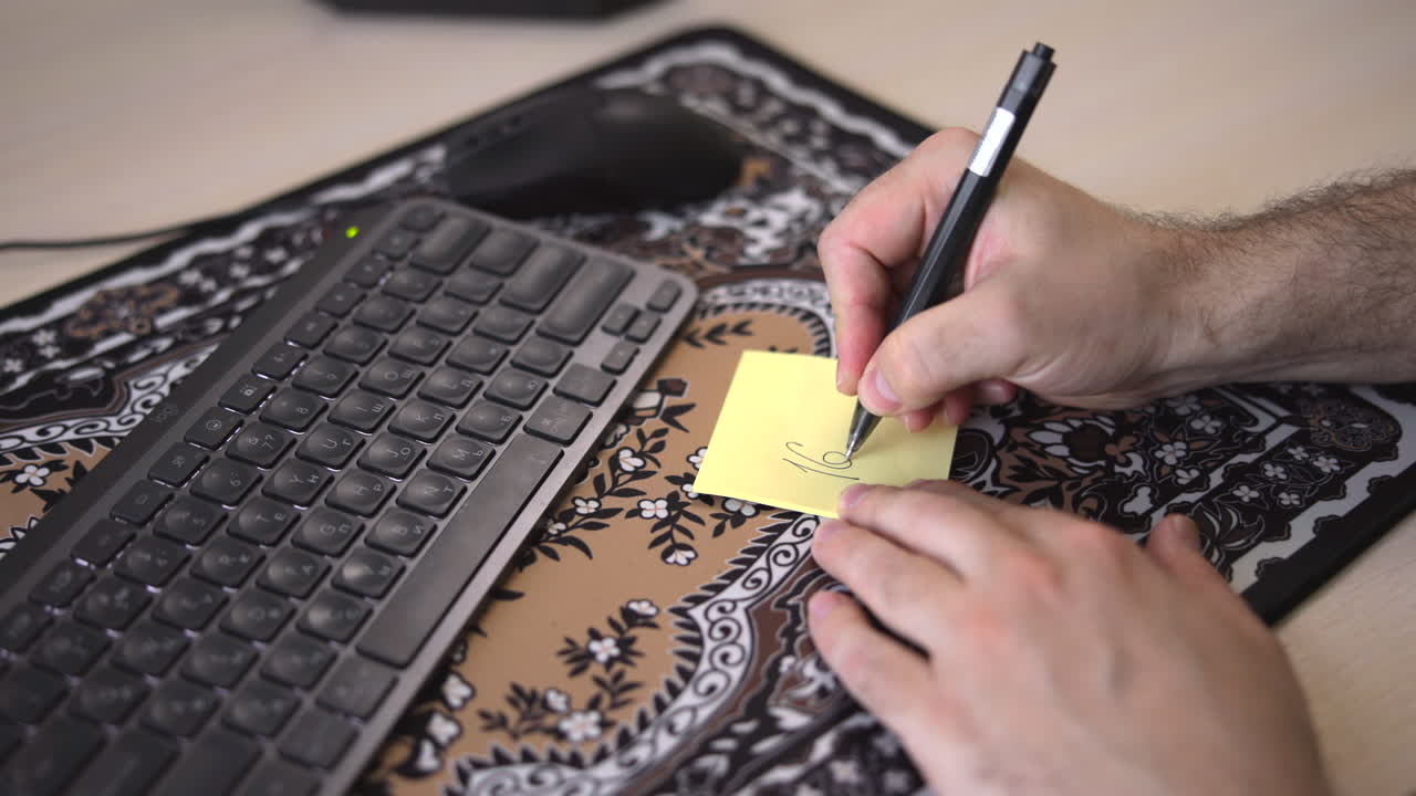 Hænder placerer post-it på skrivebord og skriver påmindelse med pen, post-it bruges til opgavefangst. Medie
