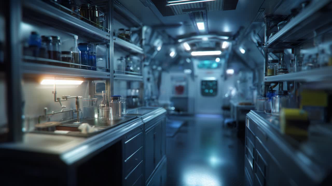 Futuristic Laboratory Interior with Sleek Cabinets, Experimental Equipment, and Illuminated Workspace, Showcasing Advanced Scientific Research Environment