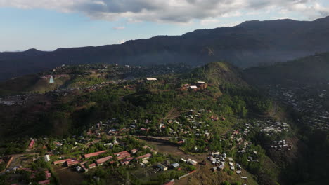 aerial view of lalibela town nestled in a mountainous region of ethiopia.