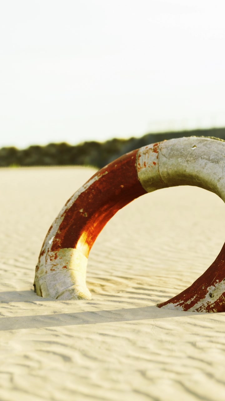 Un salvagente è parzialmente sepolto nella sabbia su una spiaggia.