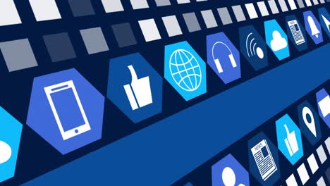 animación de iconos digitales en línea y rayas azules que se mueven sobre un fondo azul oscuro