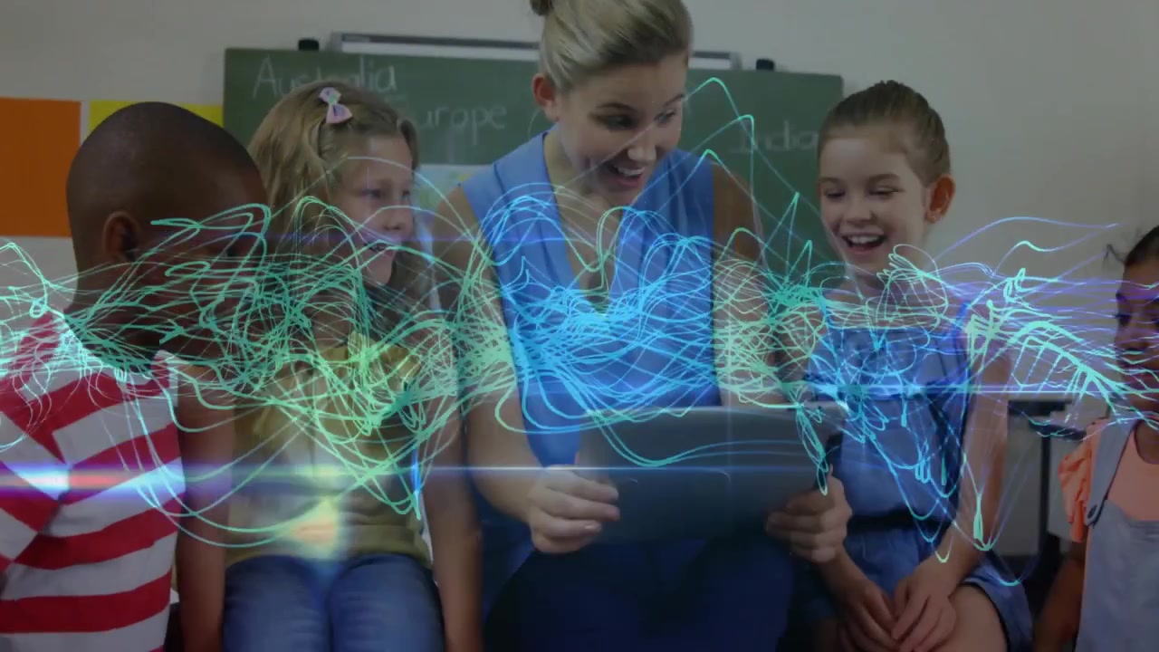 Teacher tapping tablet guiding children in classroom for learning with digital wave around screen