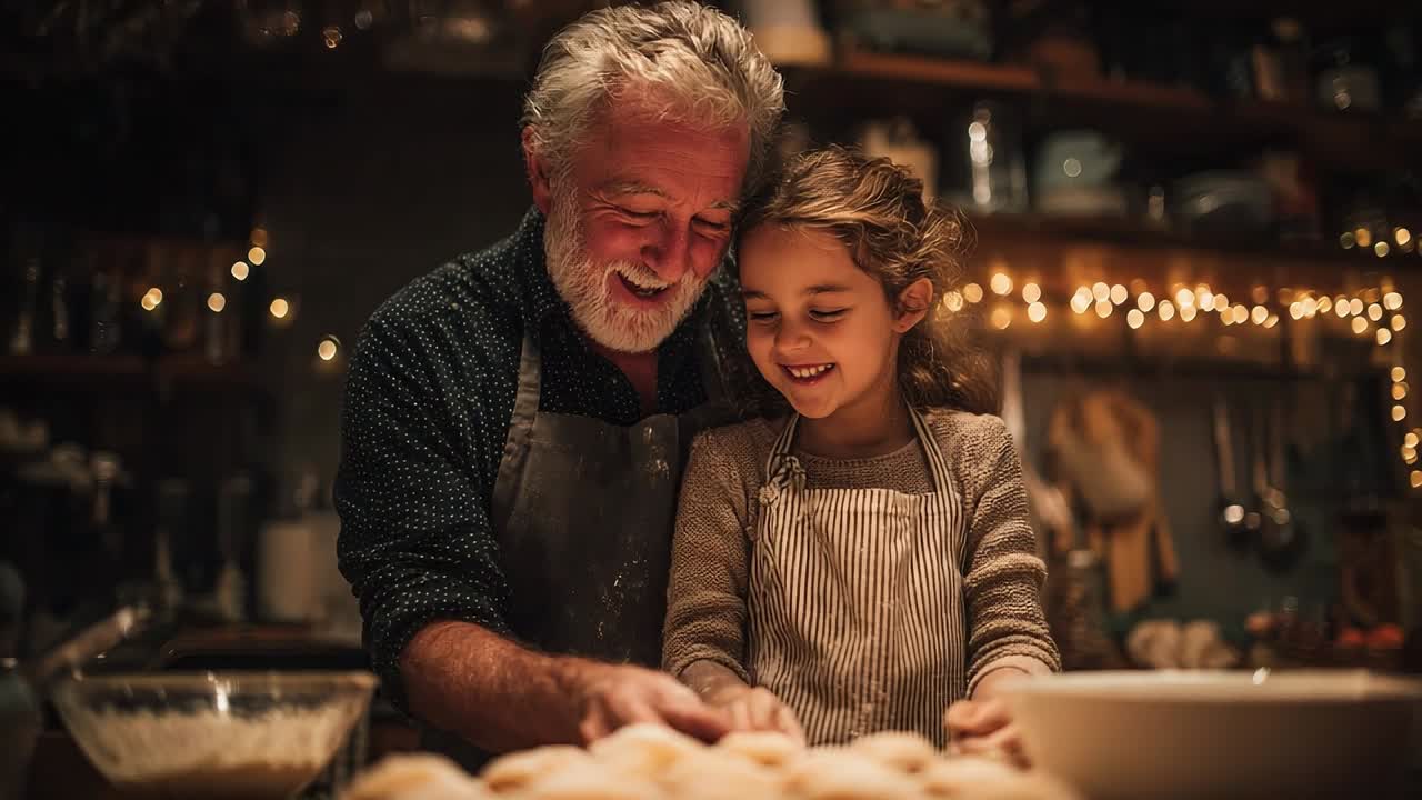 Momenti gioiosi di preparazione di dolci con nonno e nipote in una cucina accogliente