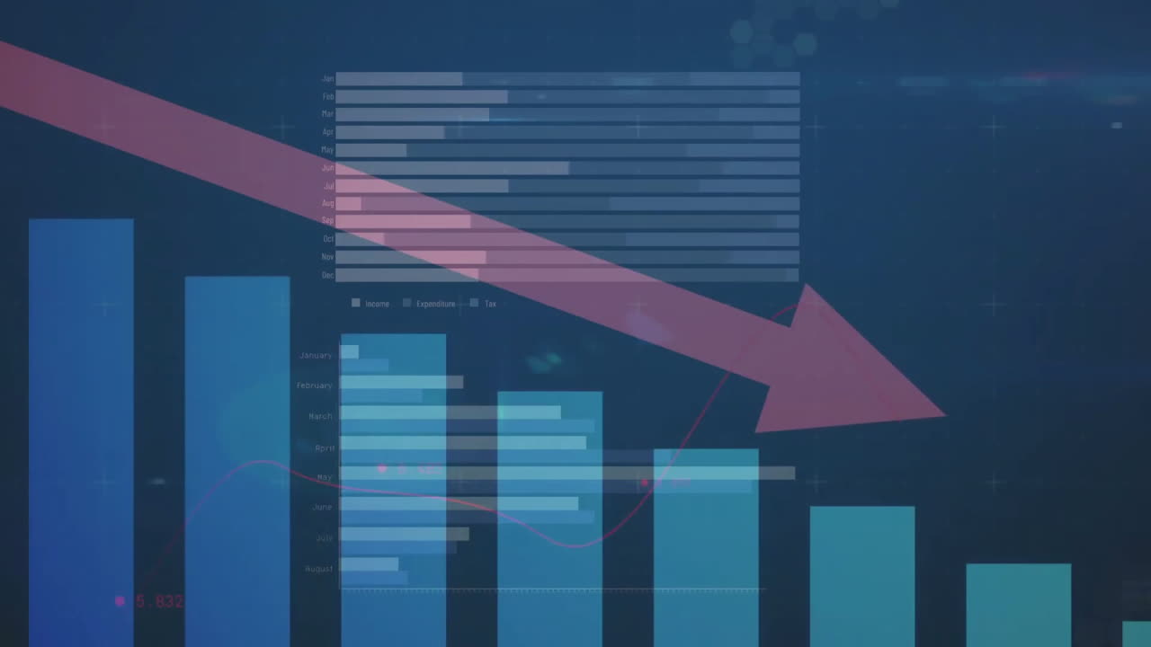 Animation of financial data processing and arrow over dark background
