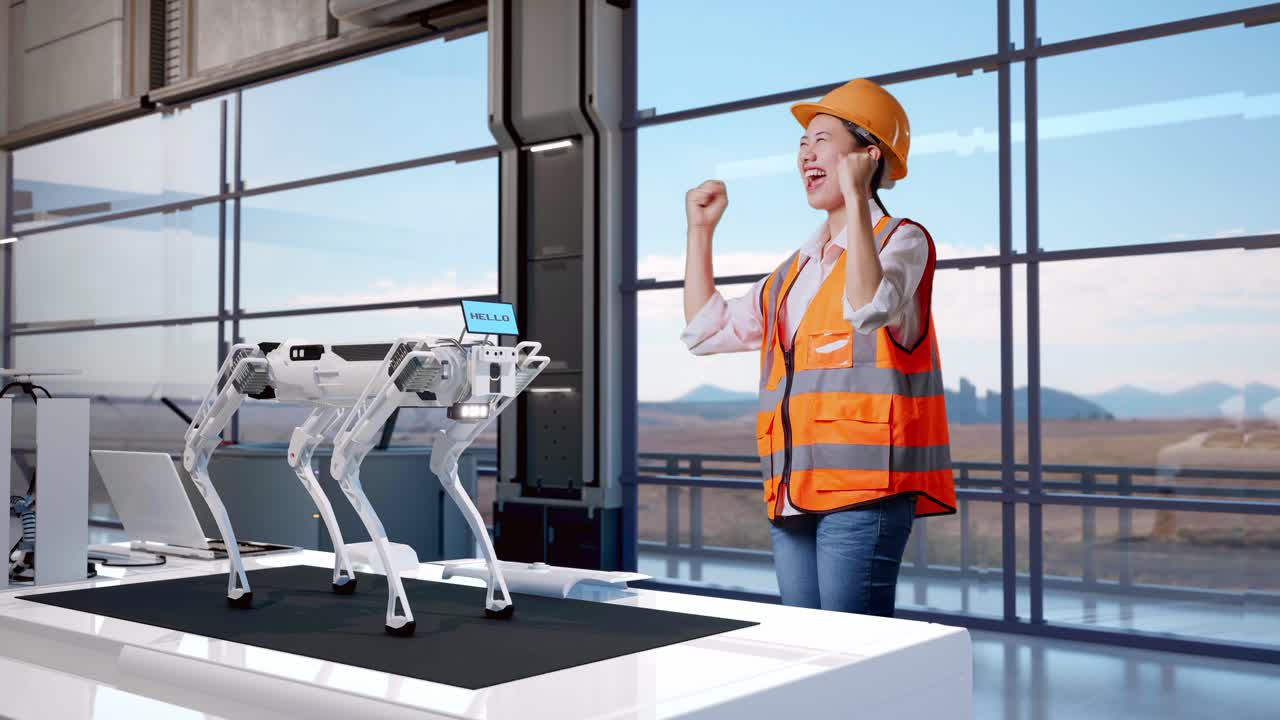 vista lateral completa del cuerpo de una ingeniera asiática con casco de seguridad gritando meta celebrando trabajar en una fábrica de alta tecnología, analizando el concepto de máquina robótica