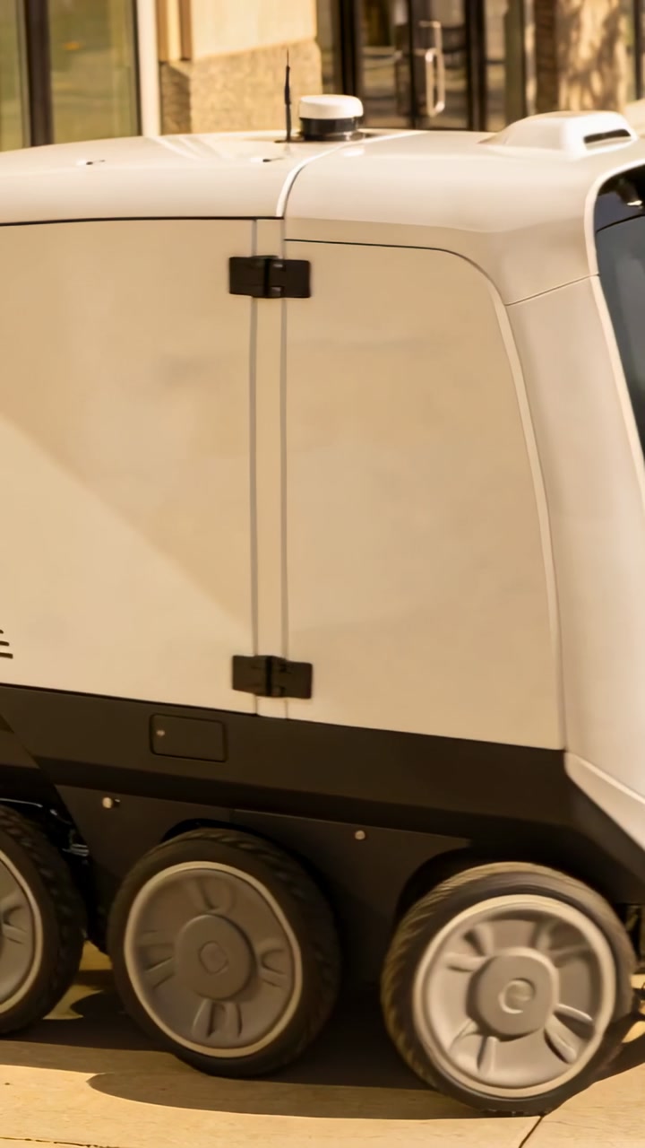 Vertical video: Rolling delivery robot starting run, changing emoticon past glass doors on tiles