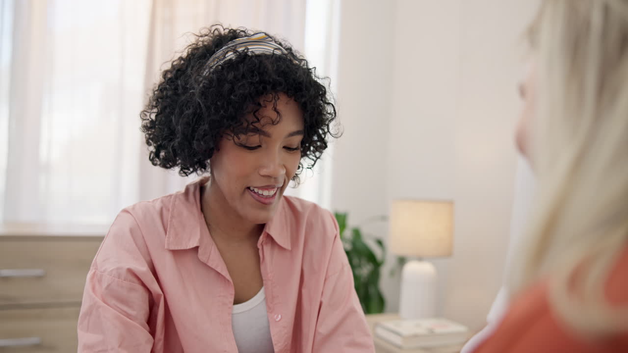 Happy, lesbian couple and conversation in home