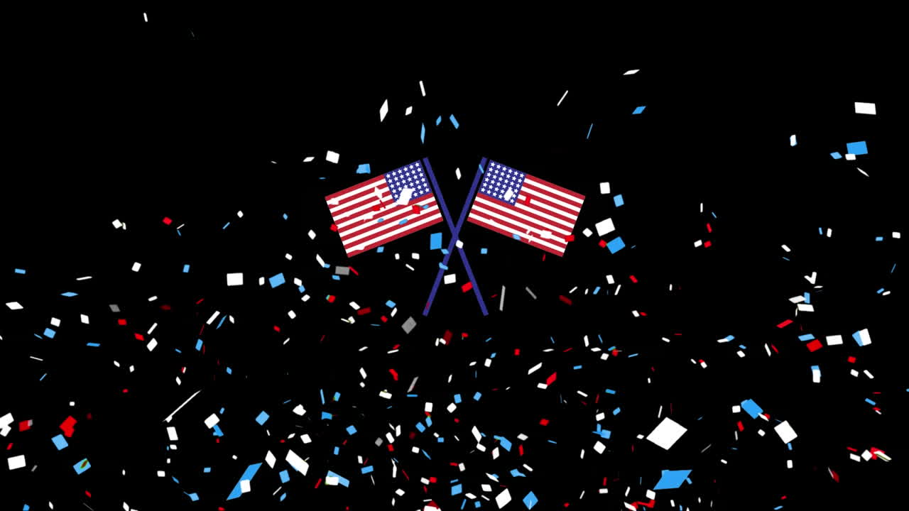 Animation of confetti over flags in red, white and blue of united states of america