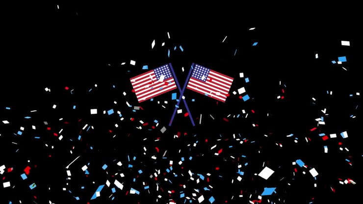 Animation of confetti over flags in red, white and blue of united states of america
