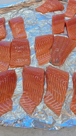 Salmon-fish-fillets-displayed-for-sale-in-a-supermarket-in-Dubai,-United-Arab-Emirates