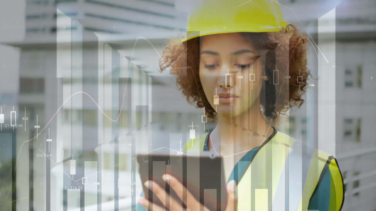 animación del procesamiento de datos estadísticos sobre una arquitecta biracial usando una tableta digital