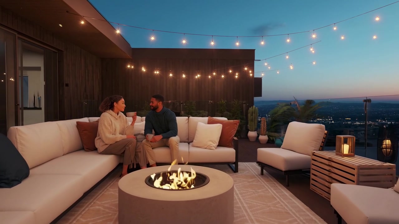 Coppia che si rilassa su terrazza sul tetto con braciere di notte
