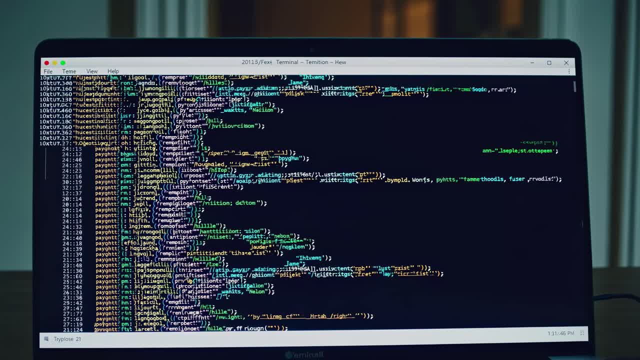 Close-up video shot of a laptop screen displaying colorful code in a dimly lit room