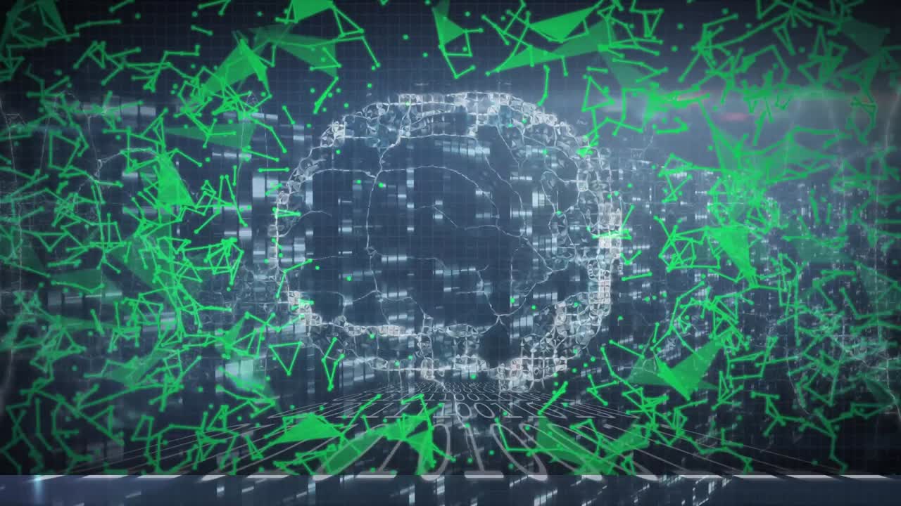 animación del cerebro con formas y procesamiento de datos sobre fondo azul