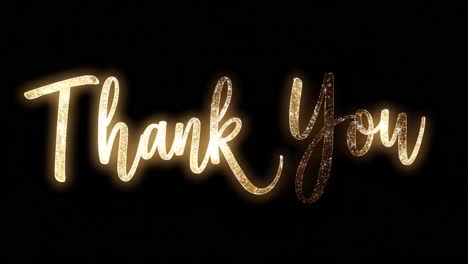 Elegant &#039;Thank You&#039; text in glowing gold script on a black background, viewed from a straight-on