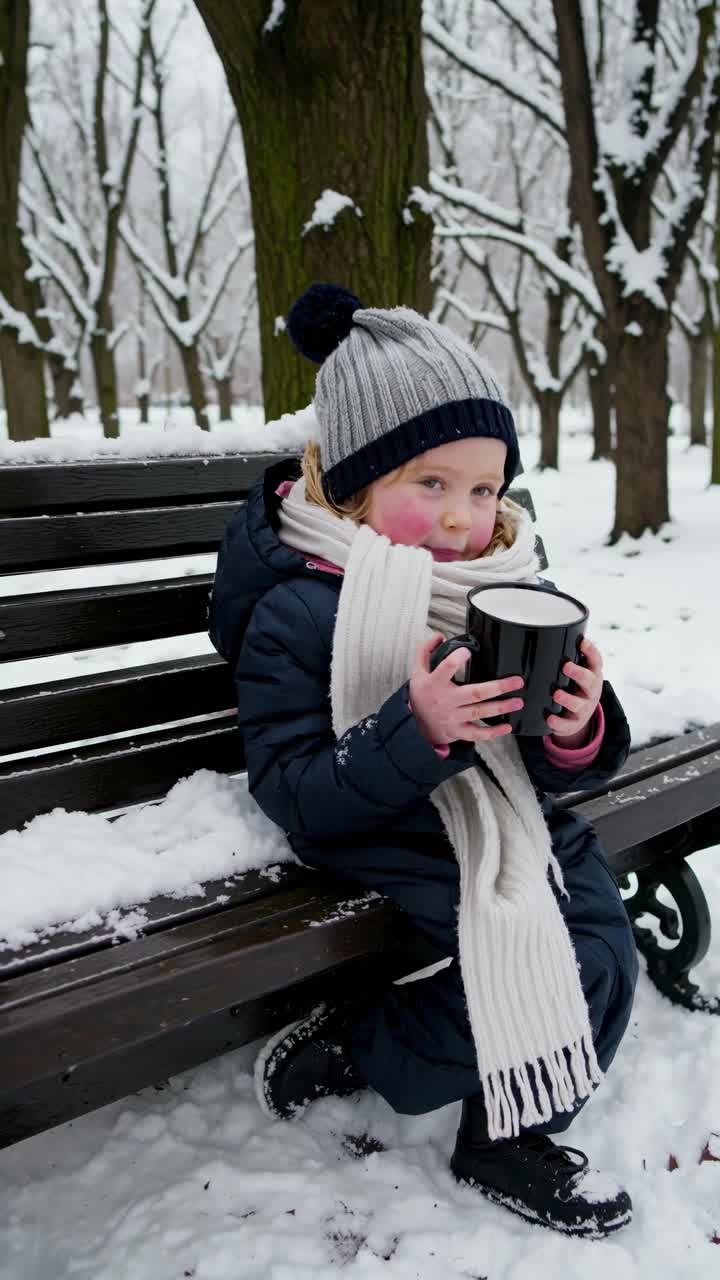 Video di una scena invernale accogliente con un bambino che indossa abiti caldi e sorseggia da una tazza su una panchina innevata