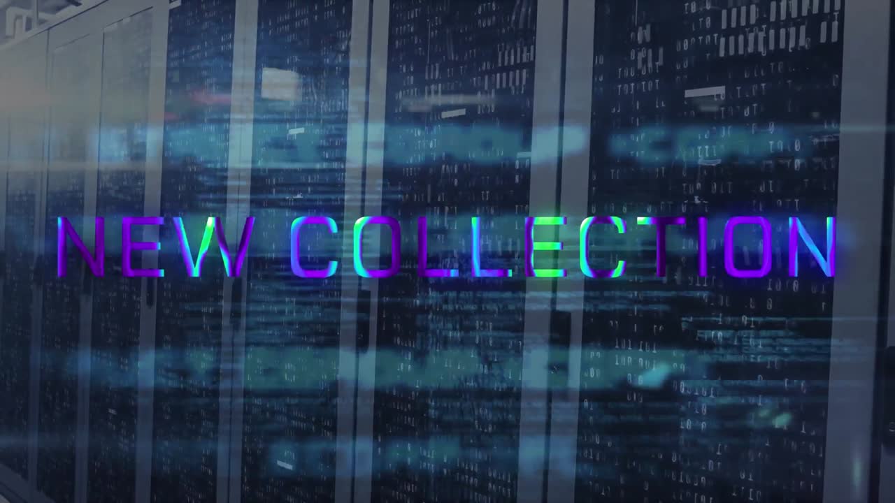 Animation of new collection text and computer language over data server racks
