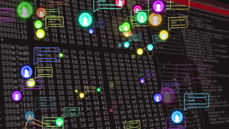 código binario y iconos de comunicación digital animación sobre fondo negro