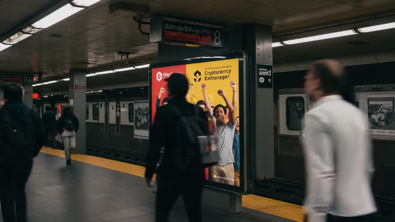Dynamic Subway Scene Featuring a Vibrant Advertising Display for Cryptocurrency Exchange, Highlighting Enthusiastic Participants Celebrating in a Busy Commute Environment