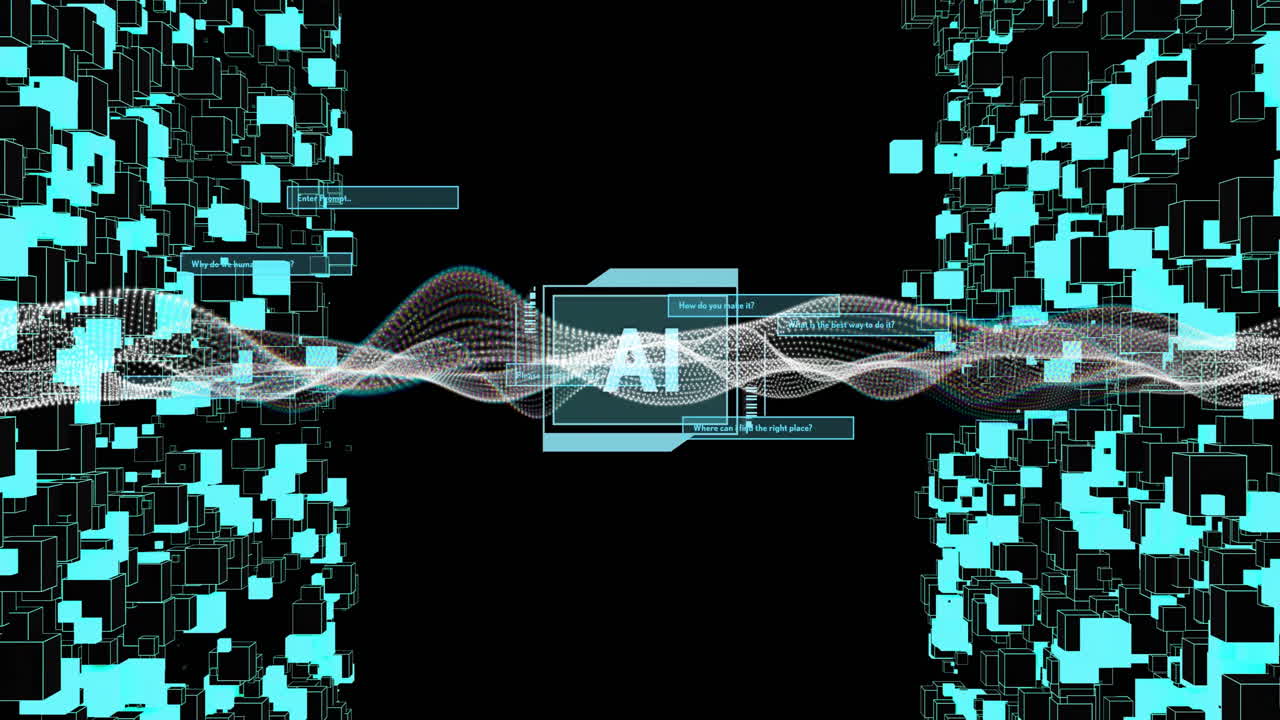 un texto sobre onda digital y una interfaz futurista con formas geométricas azules