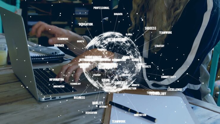 Animation of network of connections and globe over caucasian woman using laptop