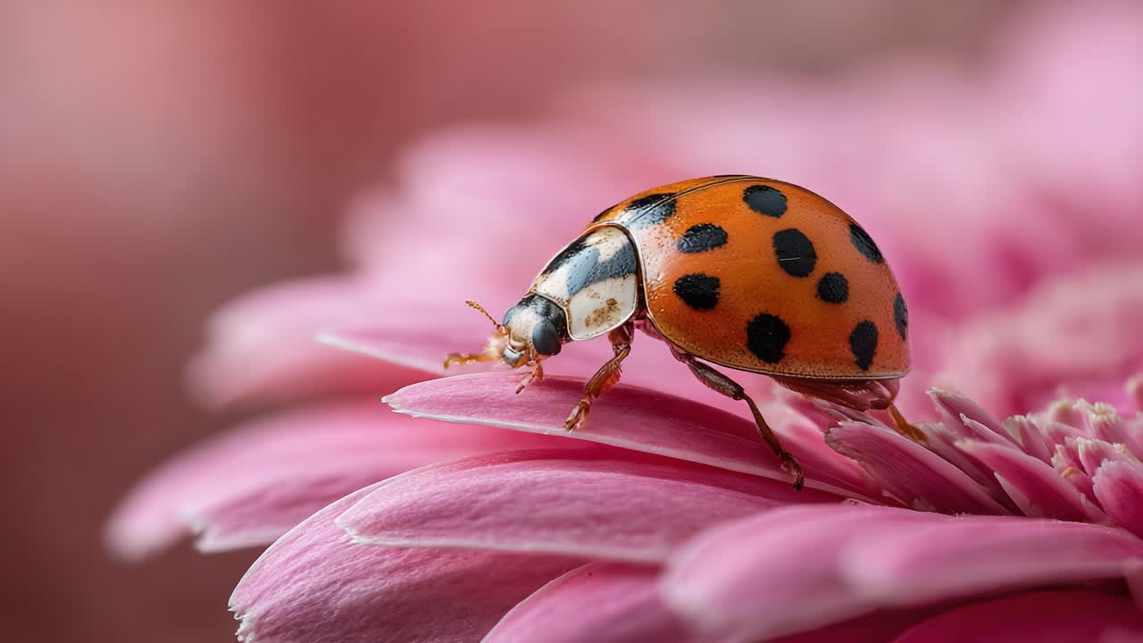 A Close-Up of a Vibrant Ladybug Walking on a Delicate Pink Flower Petal, Showcasing Its Colorful Spots and Intricate Features in Nature's Stunning Detail