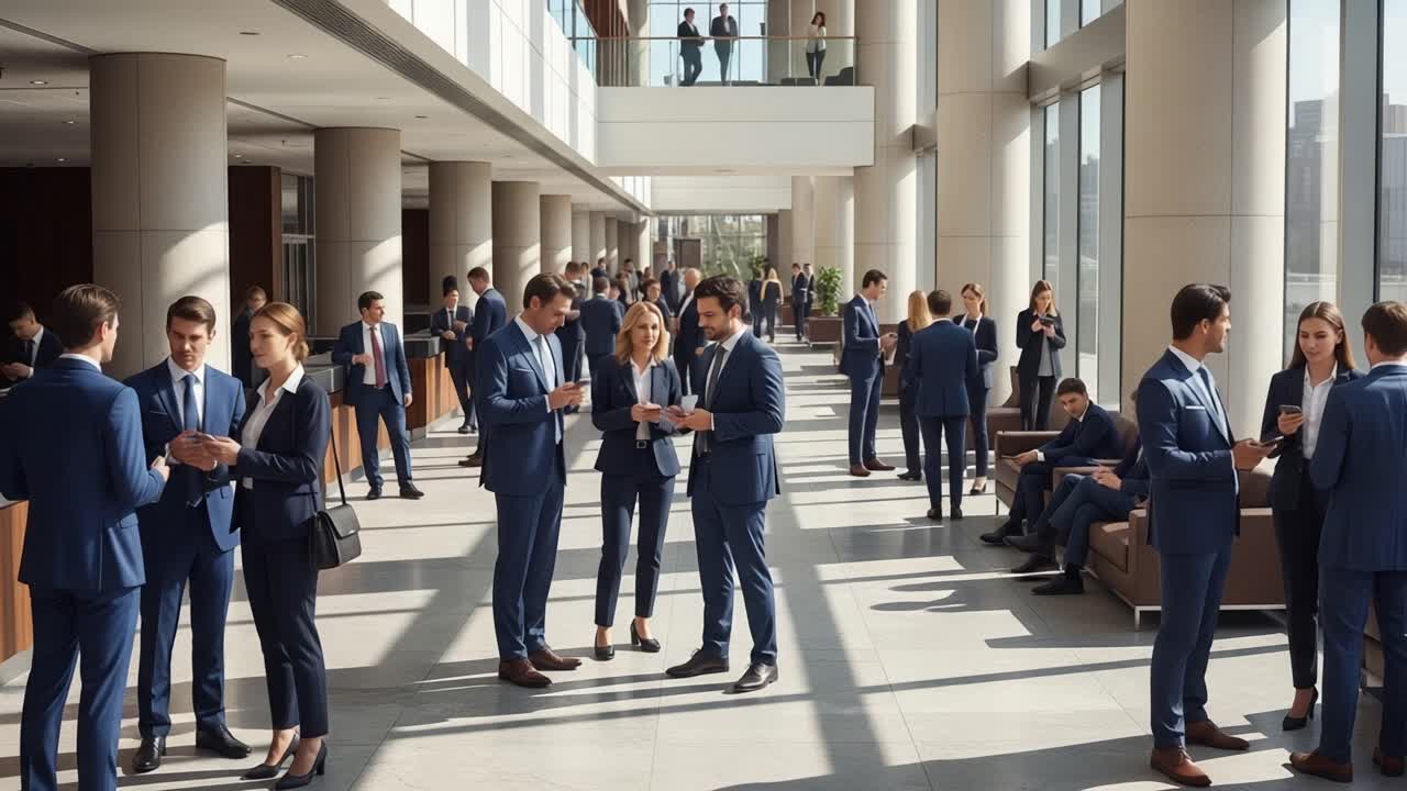 Professionals Engage in Networking and Collaboration in a Modern Office Environment, Showcasing Business Interaction Dynamics and Professional Attire