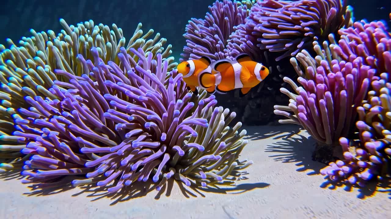 Underwater video captures clownfish swimming among vibrant anemones