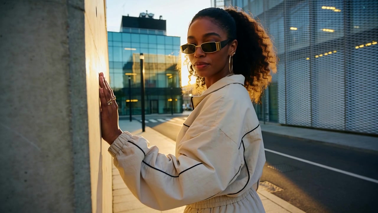 Turning model shifting by concrete wall on urban sidewalk, posing for camera with cream jacket