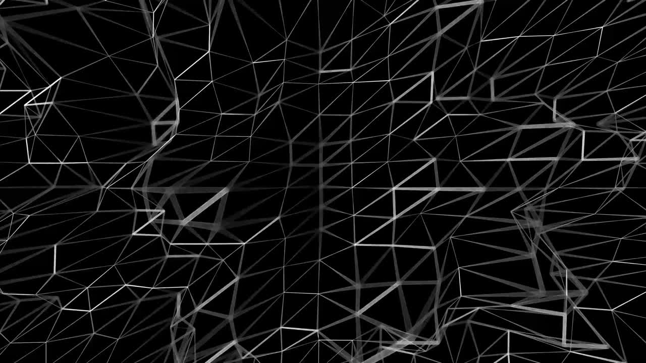 Abstract seamless loop background of white triangle mesh polygons moving on black, data network concept - 60FPS 4K UHD 3D loopable animation