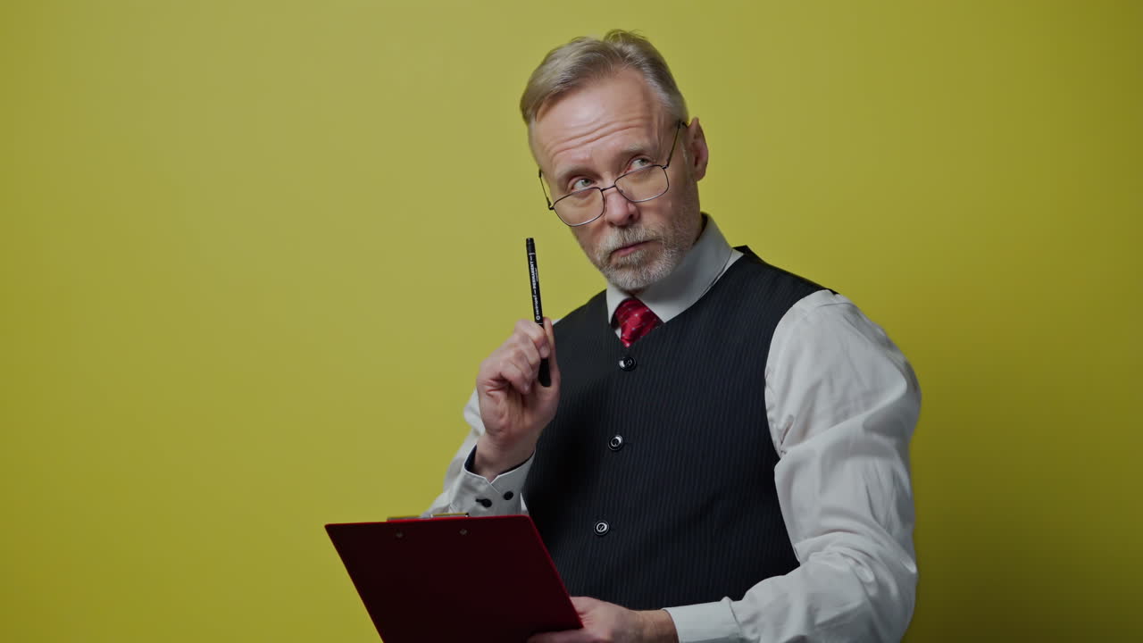 Thoughtful old businessman with a folder. Mature man becomes happy after finding the right solution to his project. Positive emotions.