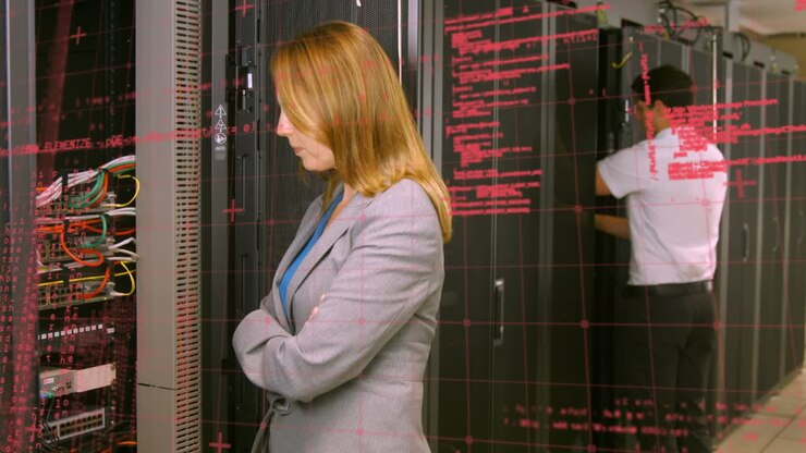 Animation of data processing over diverse people in server room