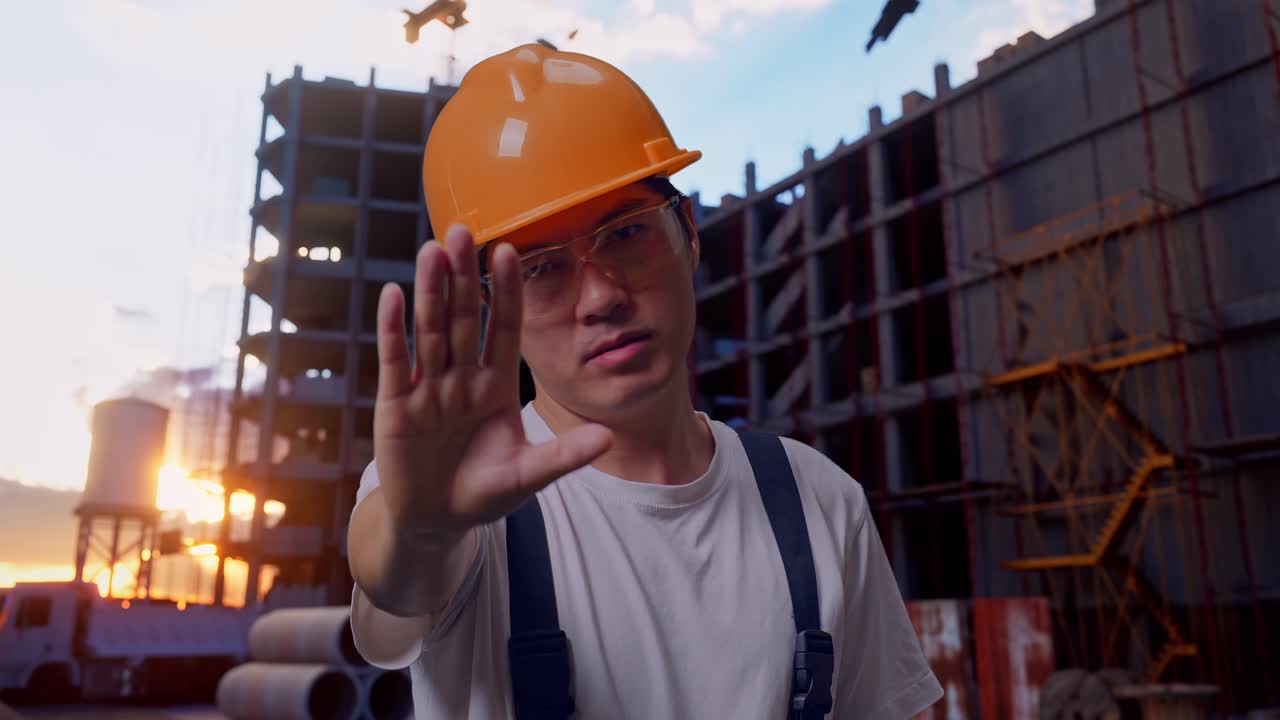Asian Man Worker Disapproving With No Hand Sign At Construction Site