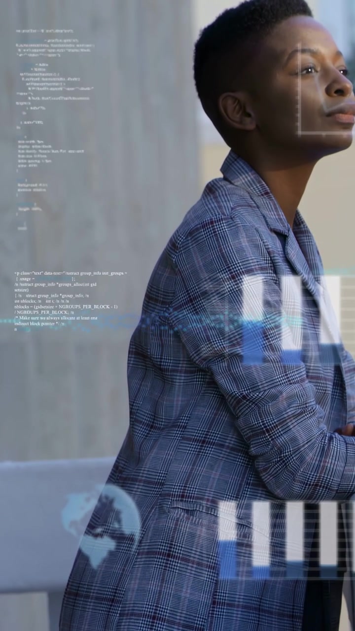 Woman leaning on railing, camera pulling back charts and code sliding over torso analyzing business