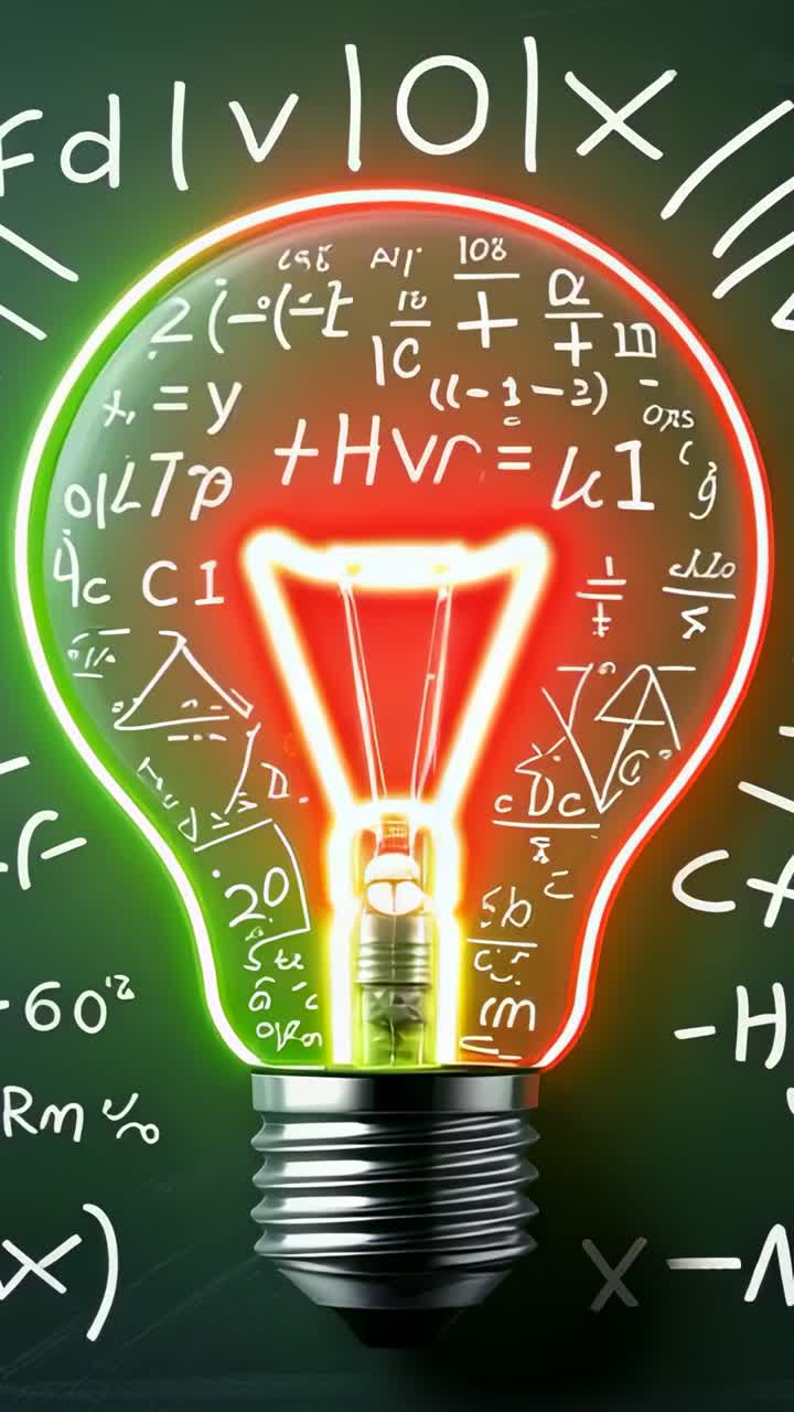Vertical video: Pulsing neon lightbulb growing red filament and glow on chalkboard, with formulas