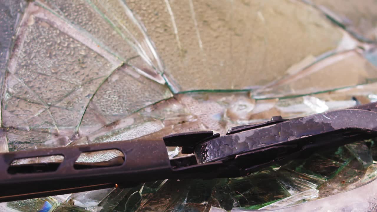 shattered windshield after car accident slow motion closeup shot