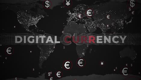 digital currency text and money symbols on a world map background - 3d render