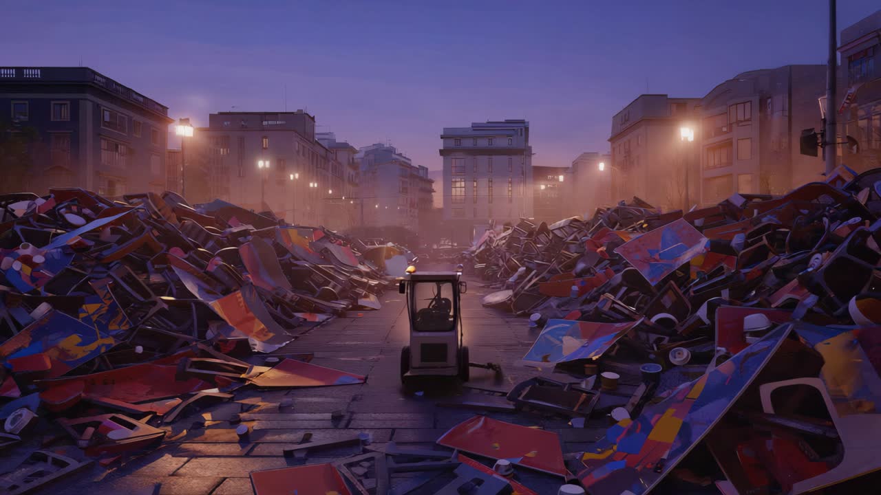 Construction Vehicle amidst City Debris