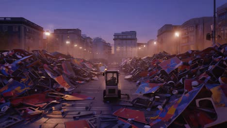 Construction Vehicle amidst City Debris
