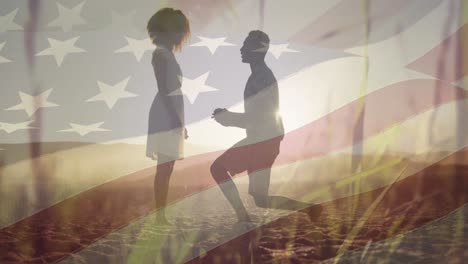 Animation-Der-Amerikanischen-Flagge-über-Einem-Afroamerikanischen-Paar,-Das-Einen-Heiratsantrag-Macht