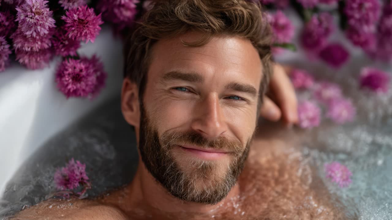 Afslappende øjeblik: En mand nyder et fredfyldt bad omgivet af smukke lyserøde blomster, der understreger velvære og ro