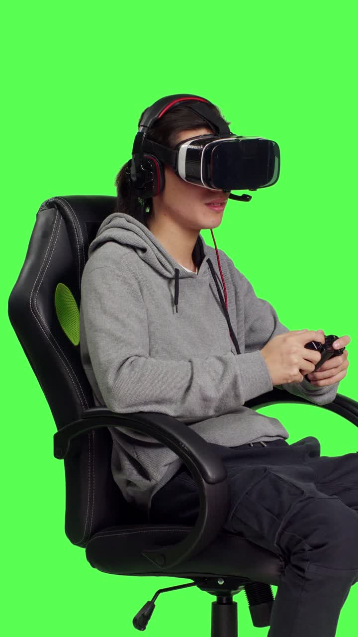 Side view of gamer enjoys video games with vr headset